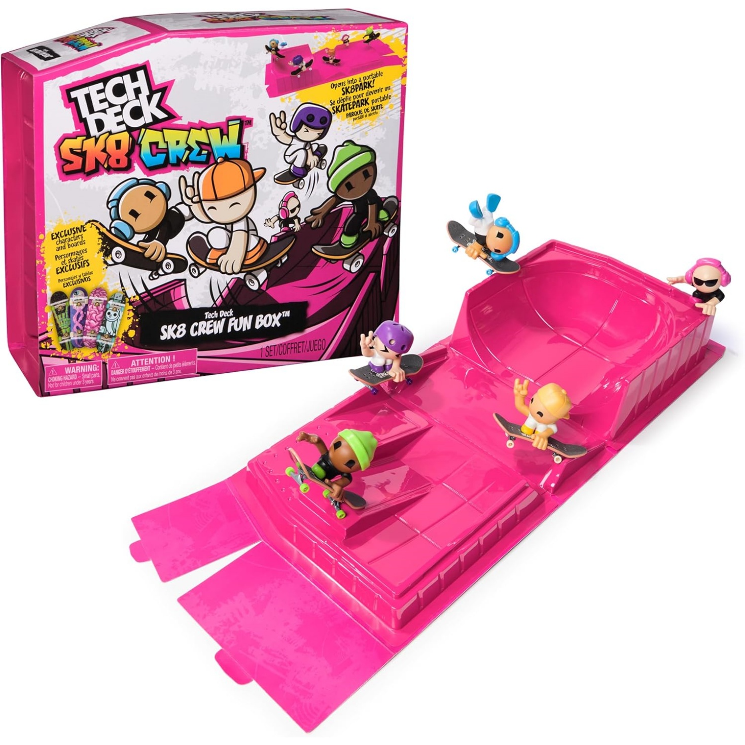 Tech Deck Sk8 Crew Fun Box, Portable Transforming Sk8 Park With 4 Fingerboards & 5 Figures, Collectible Mini Skateboards, Kids Toys For Ages 5 & Up